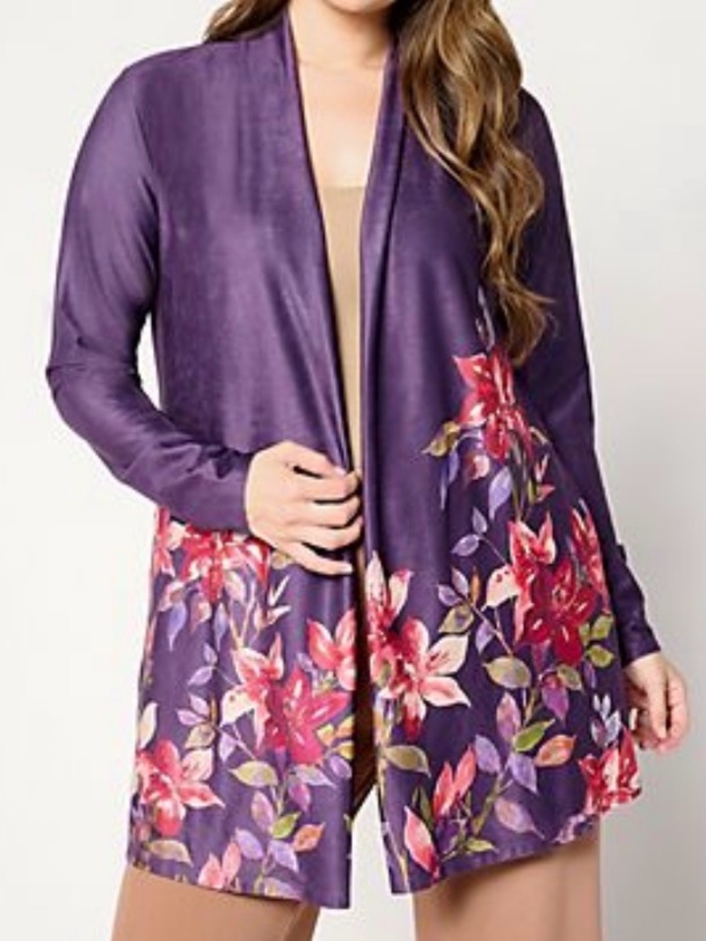 Susan Graver Faux-Suede Floral Duster Cardigan - Purple Print